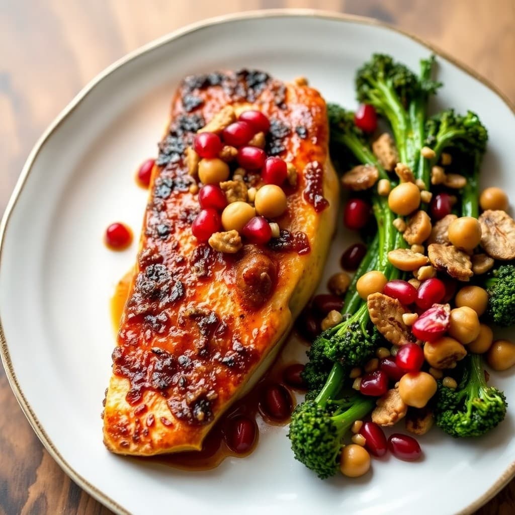 Turkish Pan-Seared Sea Bass with Walnut-Pomegranate Glaze & Charred Broccolini with Crispy Chickpea Crumble