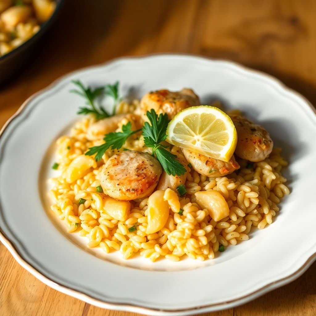 Lemon Garlic Chicken Orzo Skillet