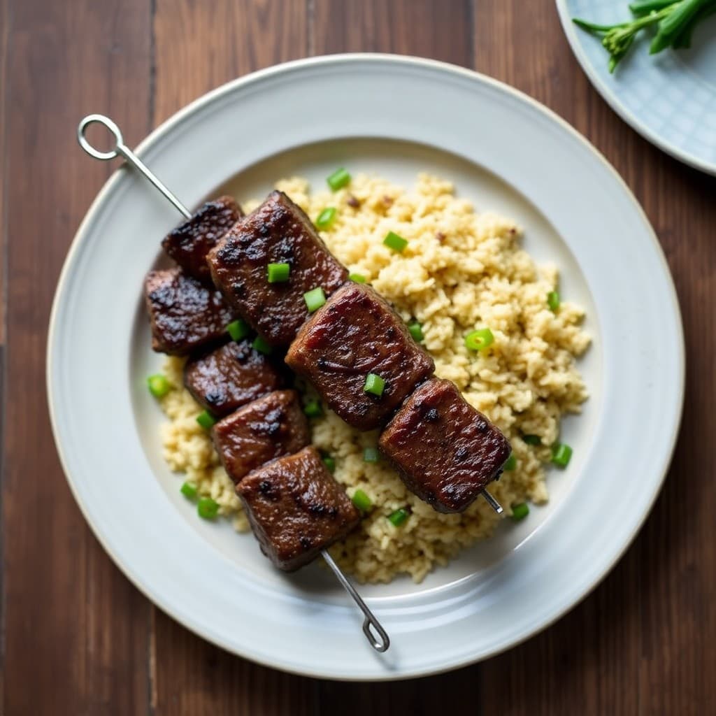 Brazilian Picanha Skewers with Charred Garlic Rice & Grilled Scallions