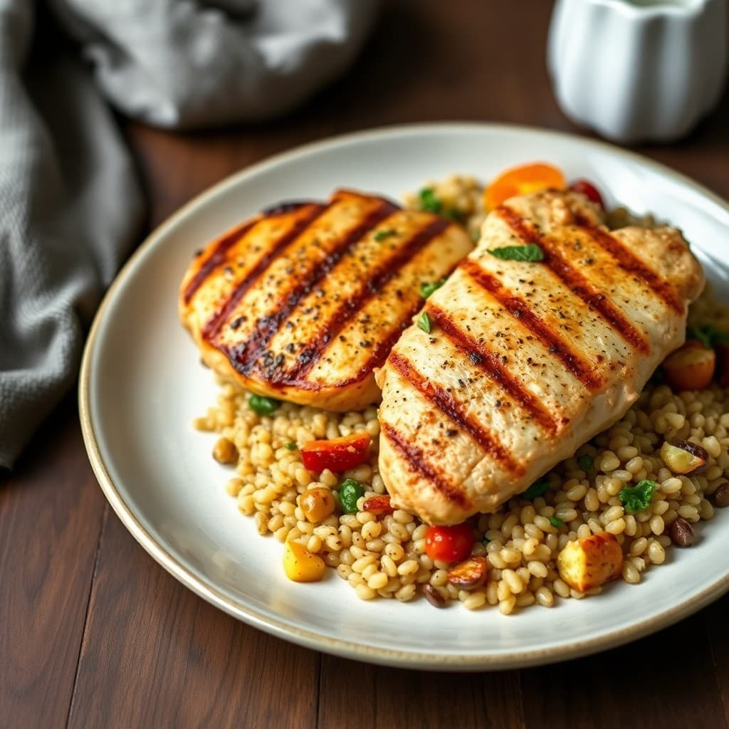 Grilled Lemon Pepper Chicken with Roasted Vegetable Farro