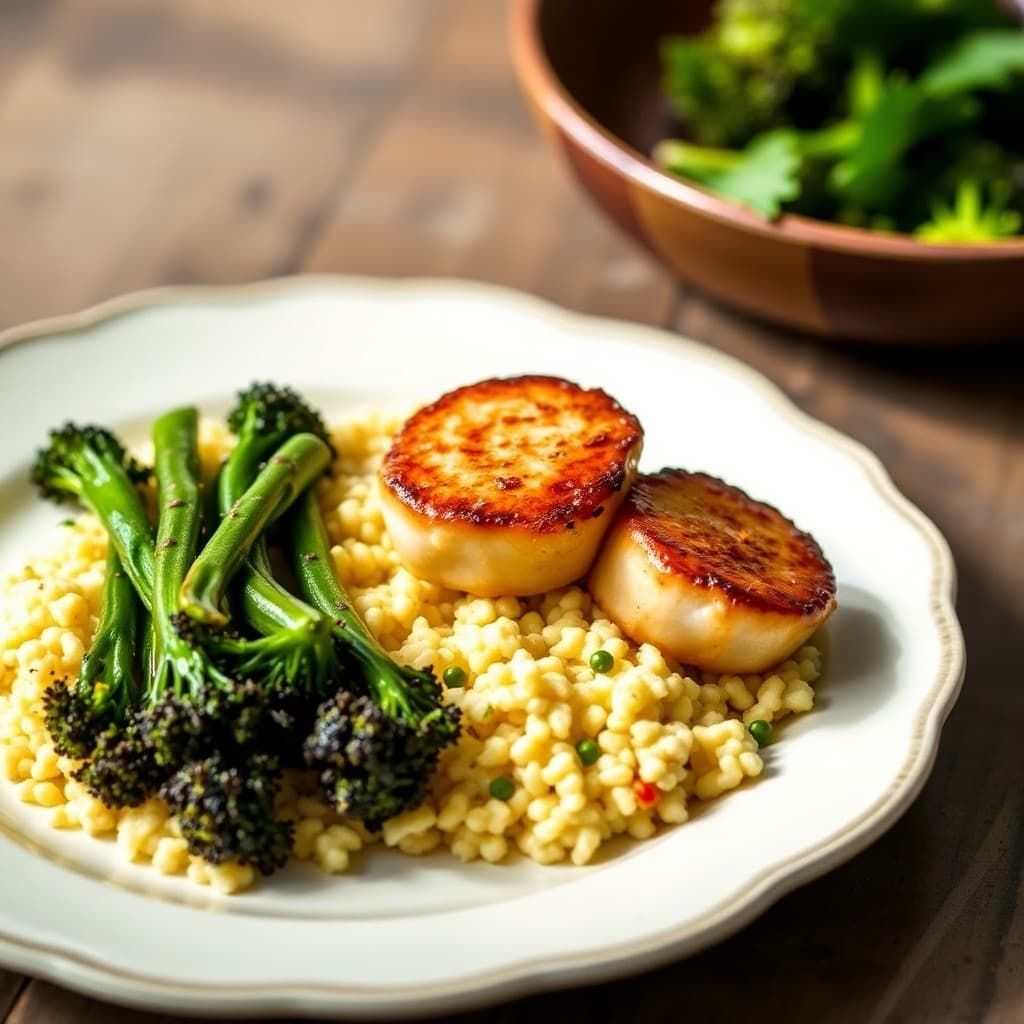 Thai-Inspired Pan-Seared Scallops with Coconut-Curry Cauliflower Rice & Charred Broccolini
