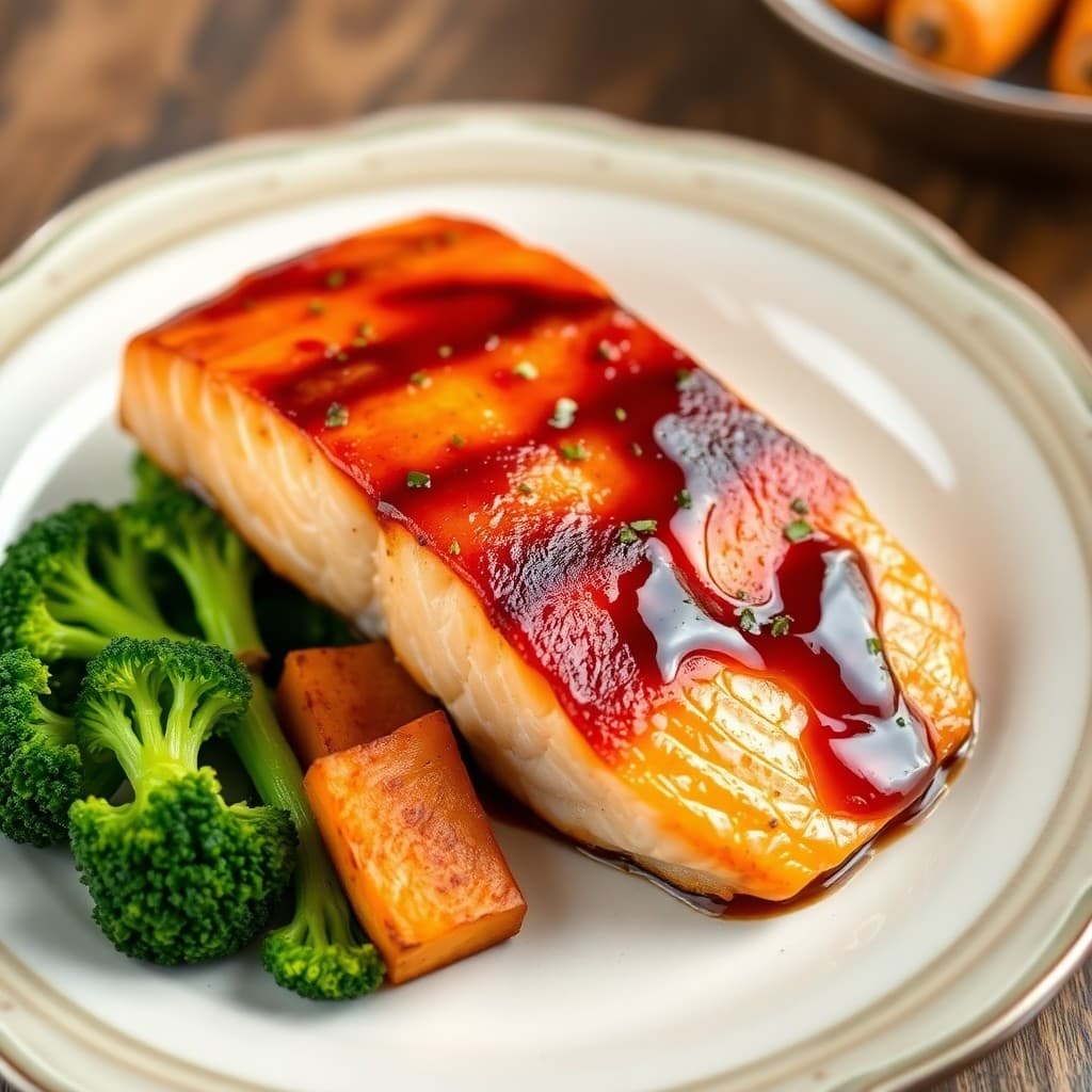 Seared Teriyaki Salmon with Roasted Sweet Potato and Broccoli