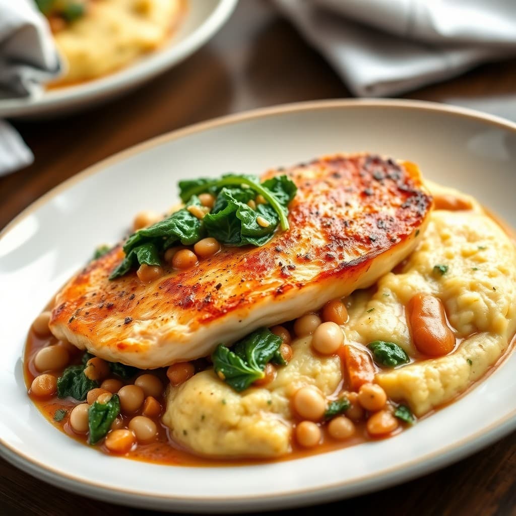 Italian Pan-Seared Chicken with White Bean & Kale Braise & Creamy Polenta