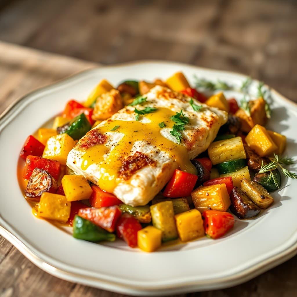 Roasted Winter Vegetable Medley with Baked Cod