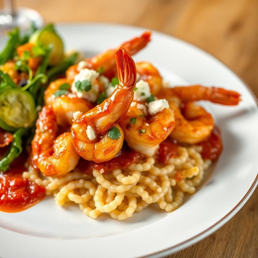 Crispy Shrimp Saganaki with Charred Orzo & Roasted Romanesco