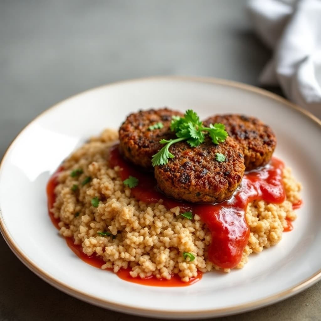 Turkish Lentil & Walnut Köfte with Charred Tomato Sauce & Crispy Bulgur