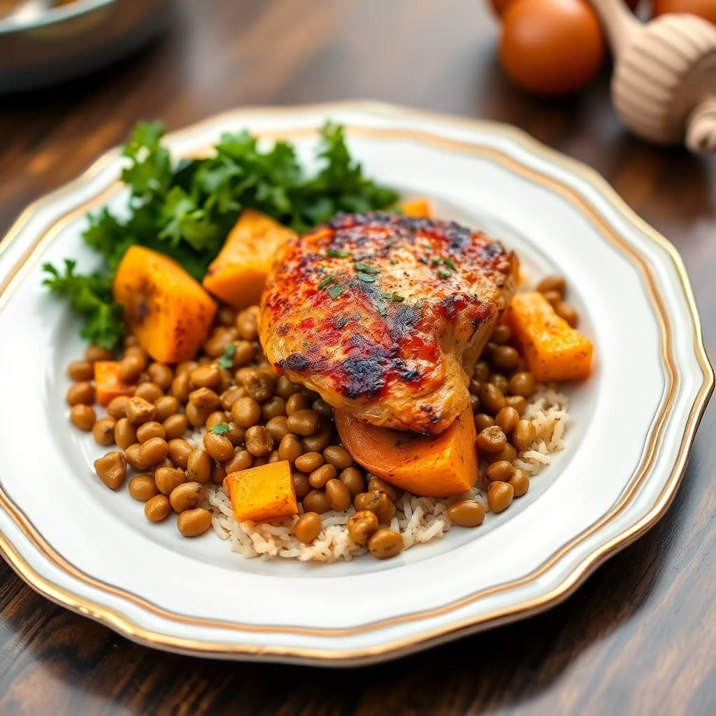 Moroccan Spiced Chicken with Roasted Butternut Squash and Lentils