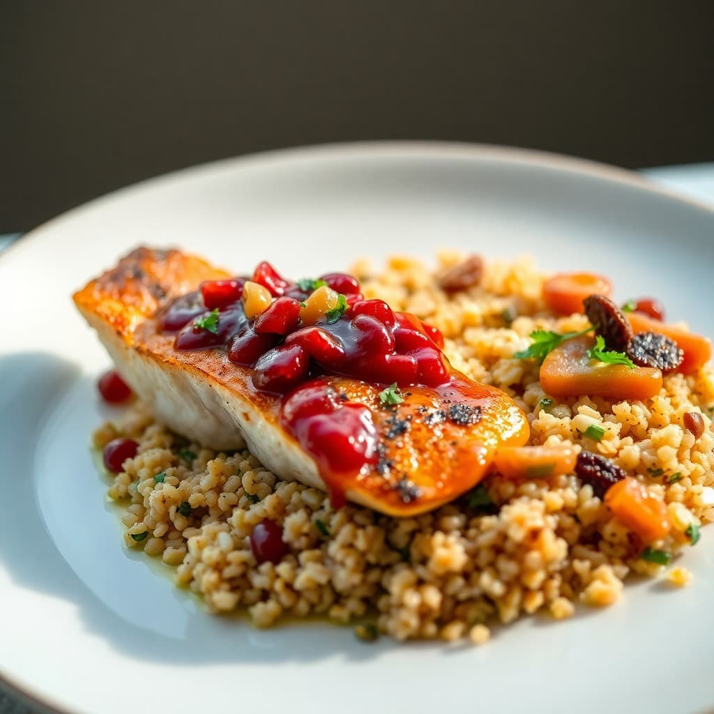 Turkish Pan-Seared Sea Bass with Pomegranate-Walnut Sauce & Bulgur Pilaf