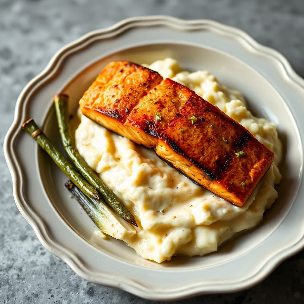 Roasted Garlic Cauliflower Mash with Grilled Salmon