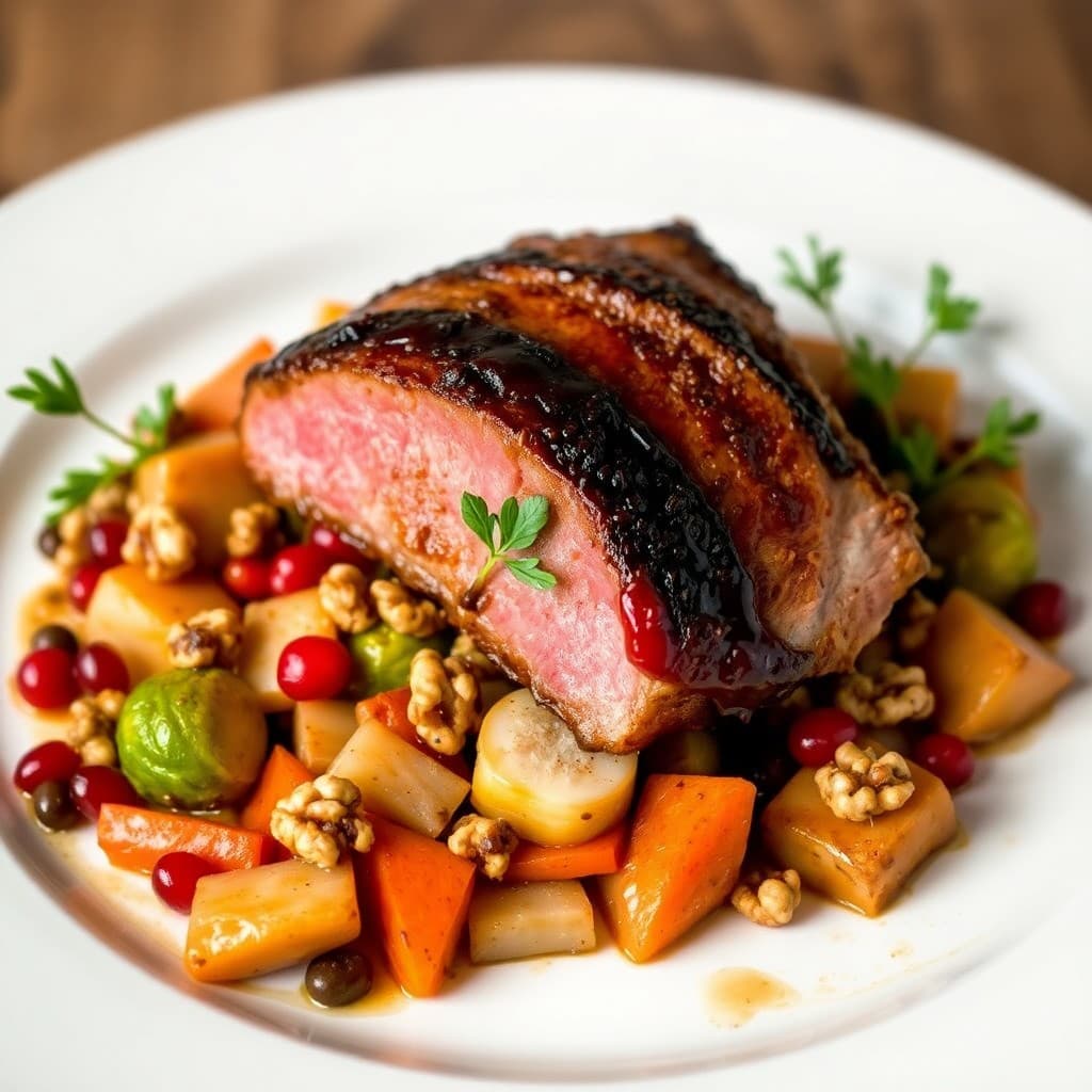 Pan-Seared Duck Breast with Pomegranate-Balsamic Glaze & Roasted Root Vegetable Hash