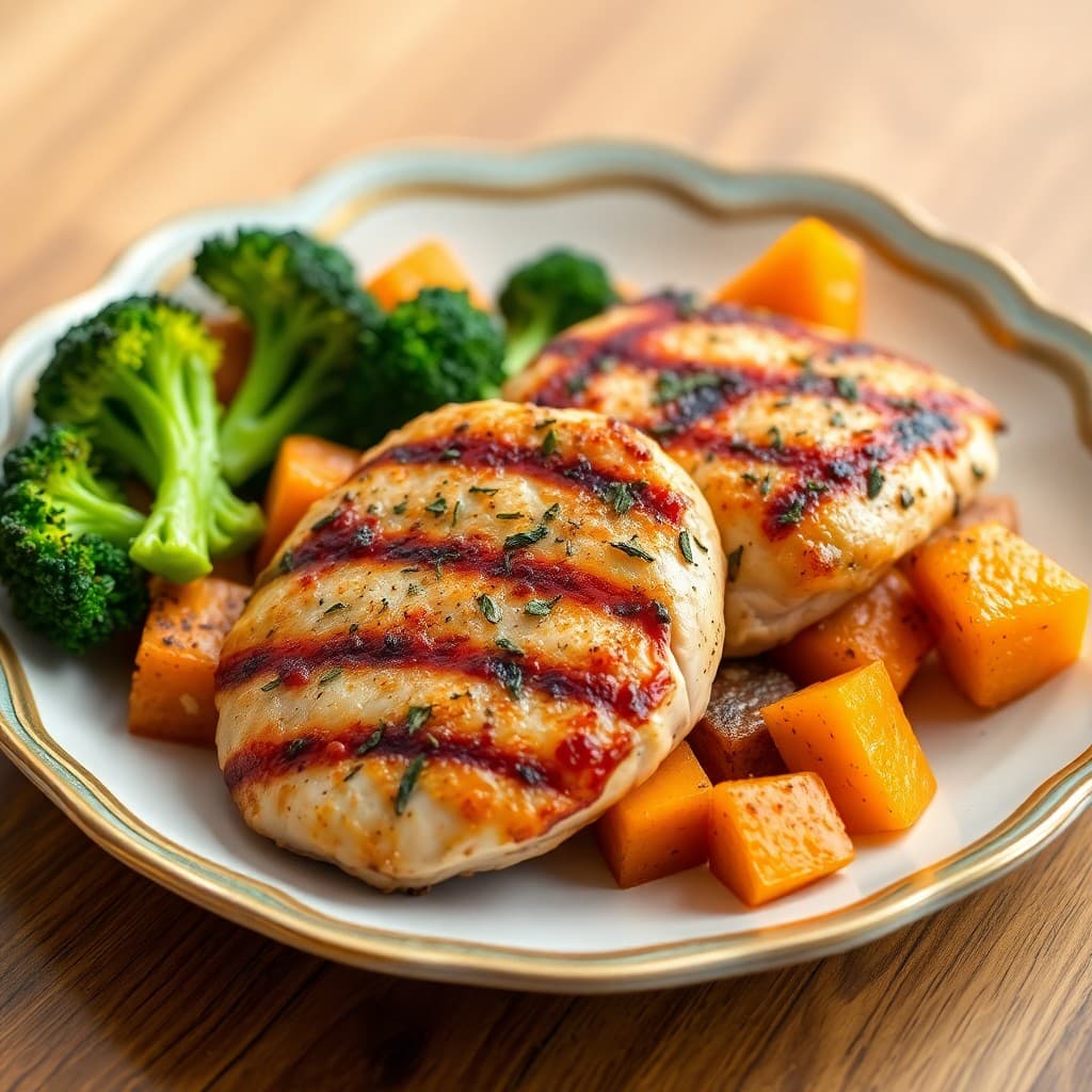 Seared Garlic-Herb Chicken with Roasted Sweet Potato and Broccoli Medley