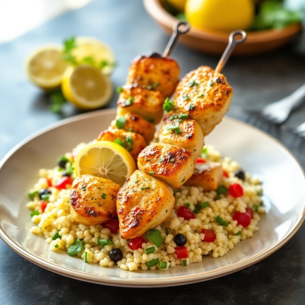 Lemon Herb Chicken Skewers with Couscous Salad