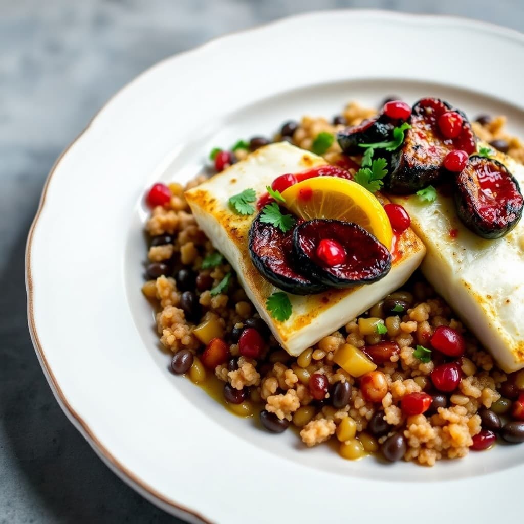 Turkish Pan-Seared Halibut with Charred Eggplant & Lentil-Bulgur Pilaf