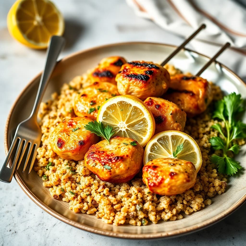 Zesty Lemon-Garlic Chicken Skewers with Herbed Bulgur