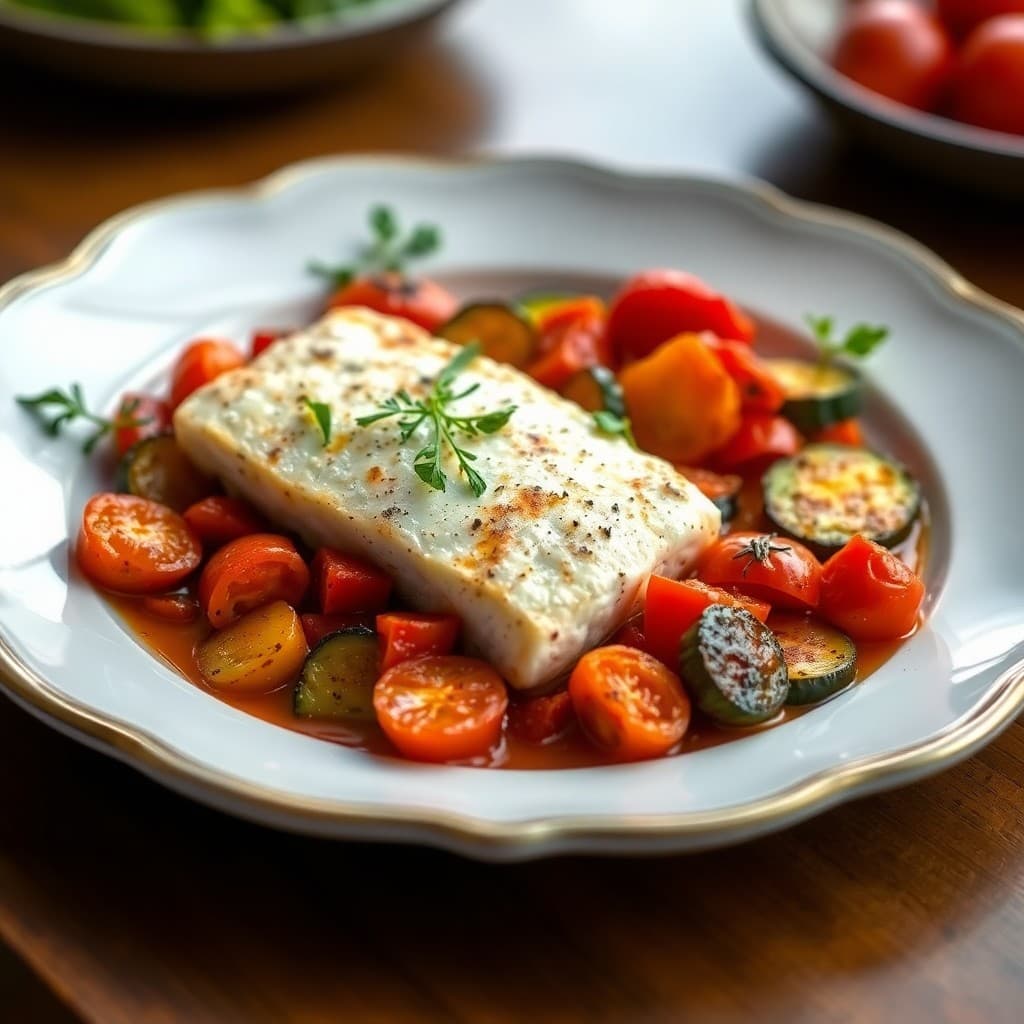 Mediterranean Baked Cod with Roasted Tomatoes and Zucchini