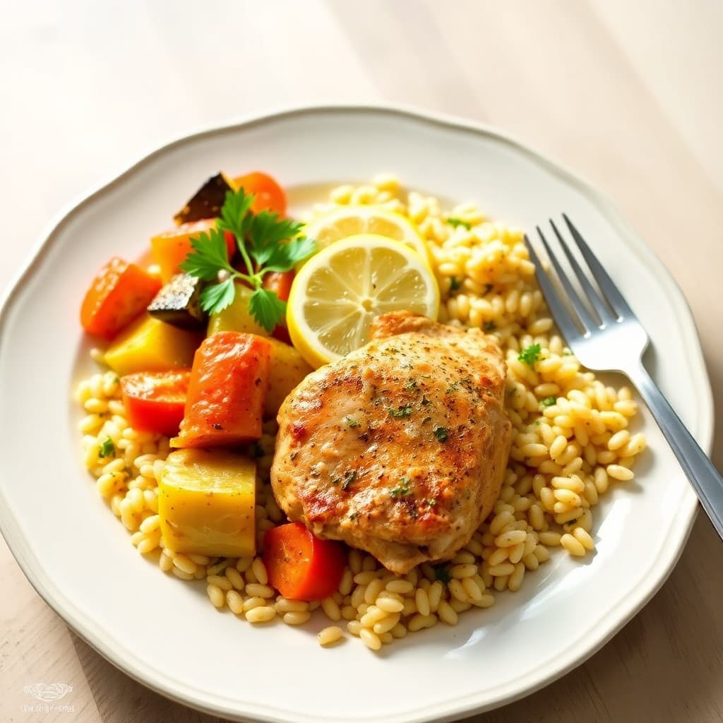 Zesty Lemon Pepper Chicken with Roasted Veggie Orzo