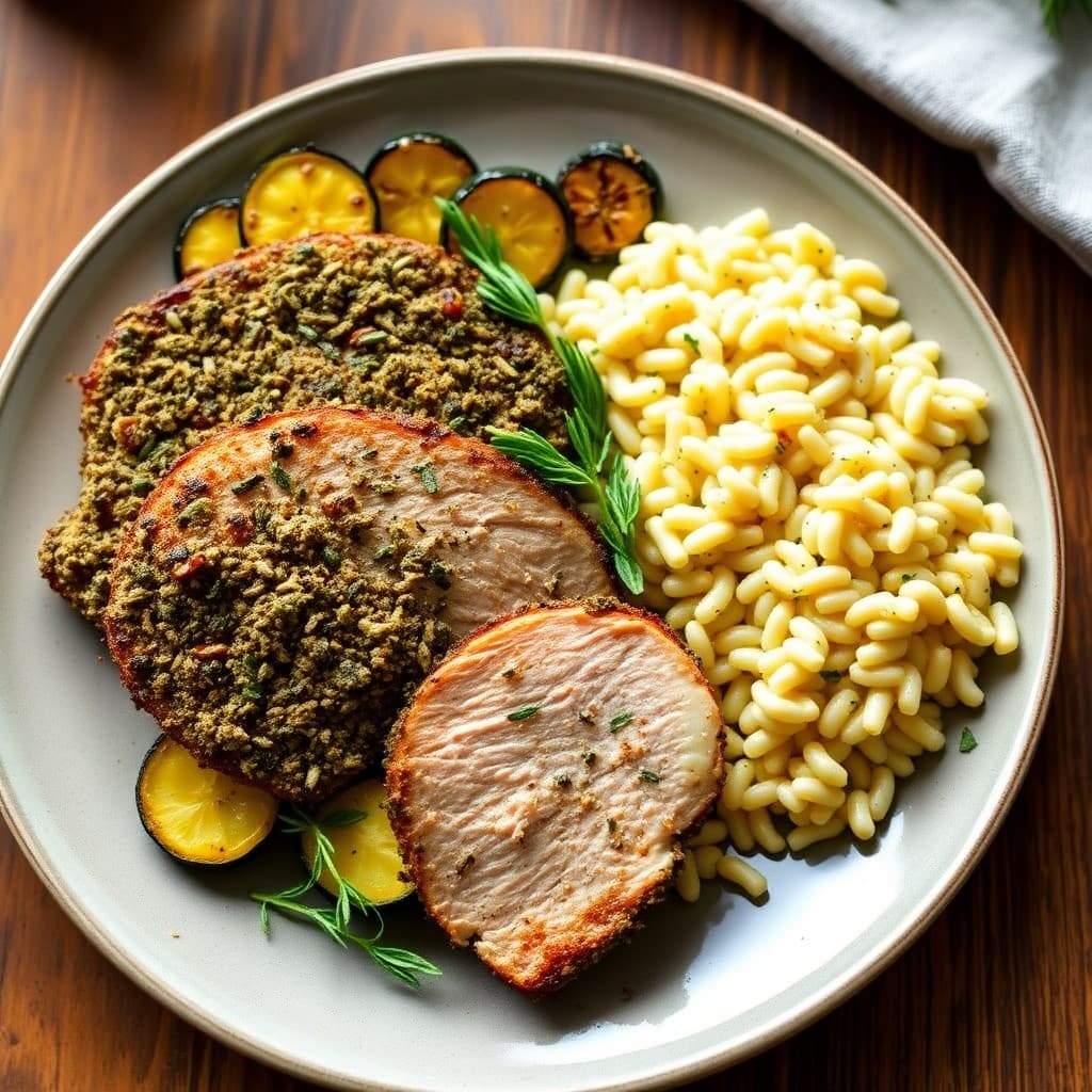 Italian Herb-Crusted Pork Tenderloin with Creamy Orzo & Roasted Zucchini