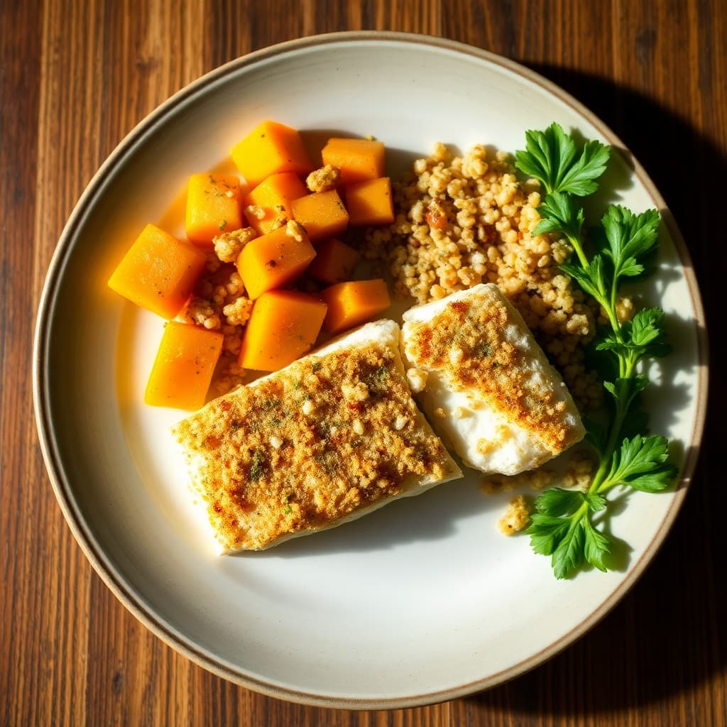 Zesty Baked Cod with Roasted Butternut Squash and Quinoa Salad