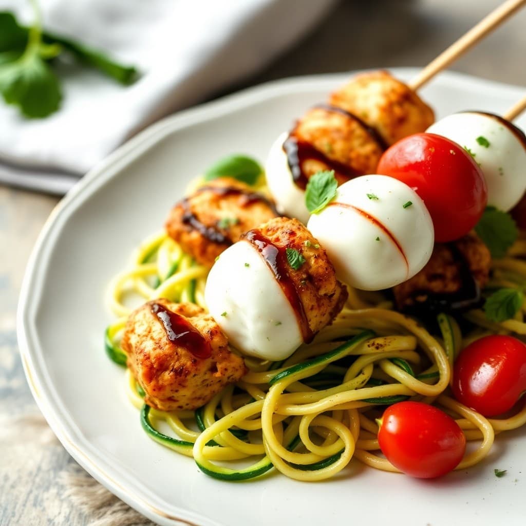 Balsamic Chicken Caprese Skewers with Zucchini Noodles