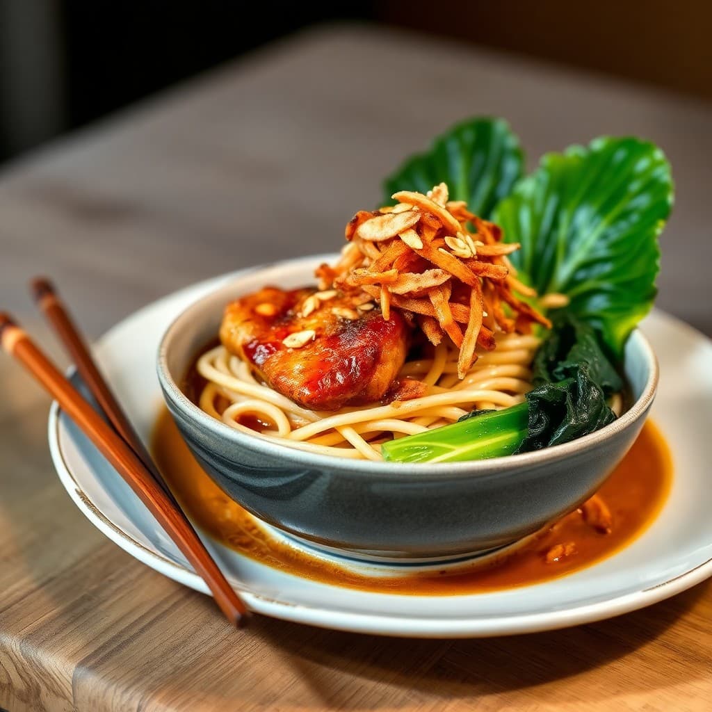 Japanese Miso-Glazed Seitan & Crispy Shallot Ramen with Charred Bok Choy