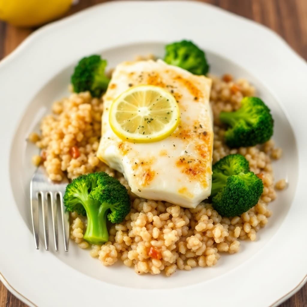 Lemon Garlic Baked Cod with Roasted Broccoli and Quinoa