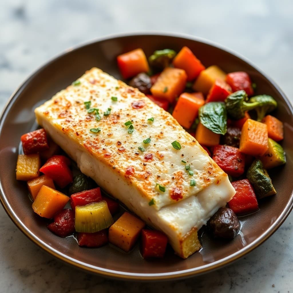 Zesty Mediterranean Baked Cod with Roasted Veggie Medley