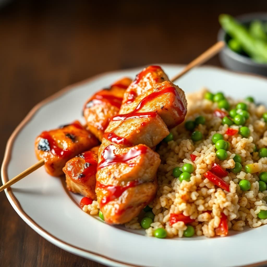 Teriyaki Chicken Yakitori Skewers with Edamame Fried Rice