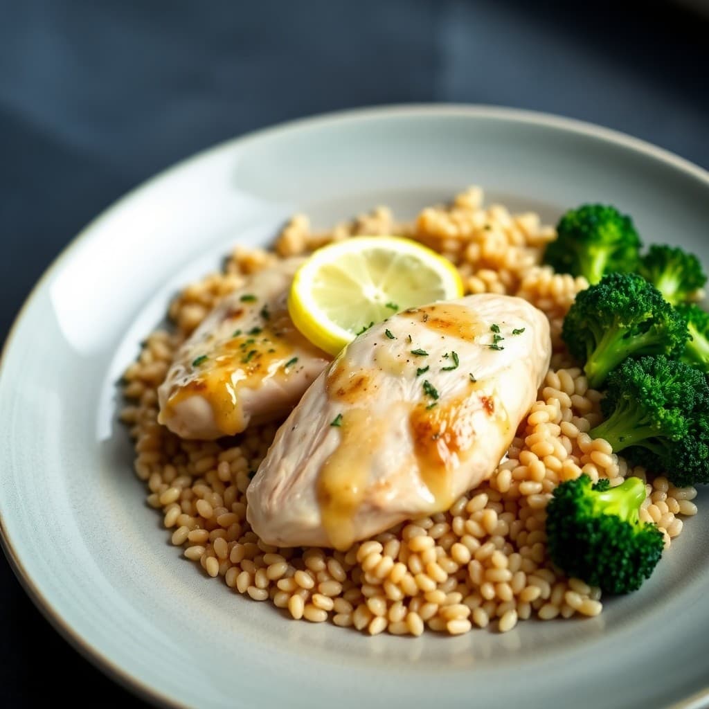 Sautéed Lemon Chicken with Roasted Broccoli and Farro