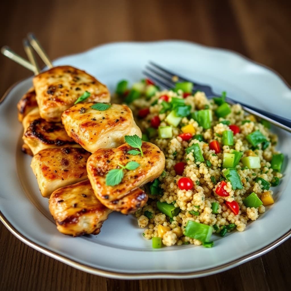 Lemon-Herb Chicken Skewers with Quinoa Tabbouleh