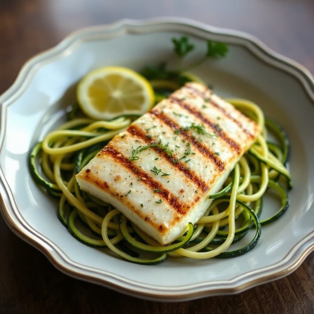 Grilled Lemon-Dill Halibut with Roasted Garlic Zucchini Noodles