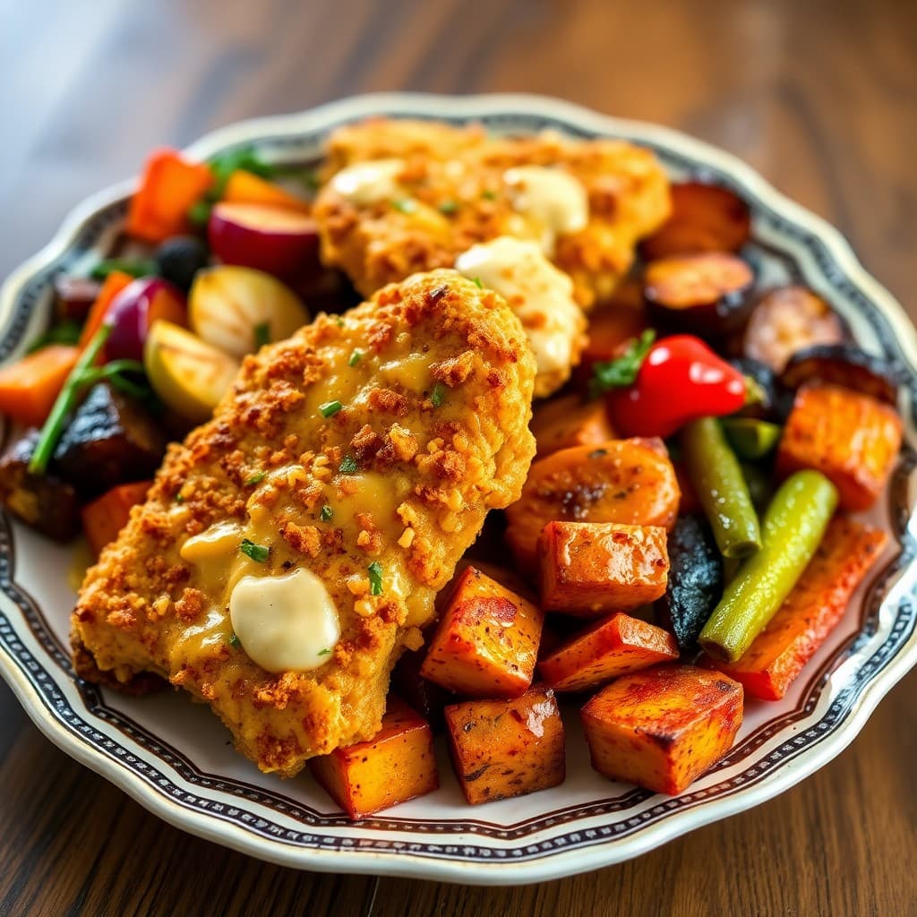 Cheesy Baked Chicken Tenders with Rainbow Roasted Veggies