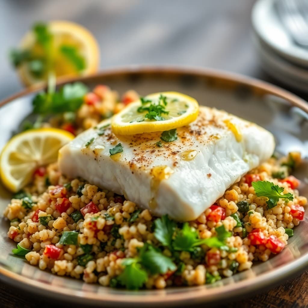 Lemon-Herb Roasted Cod with Quinoa Tabbouleh