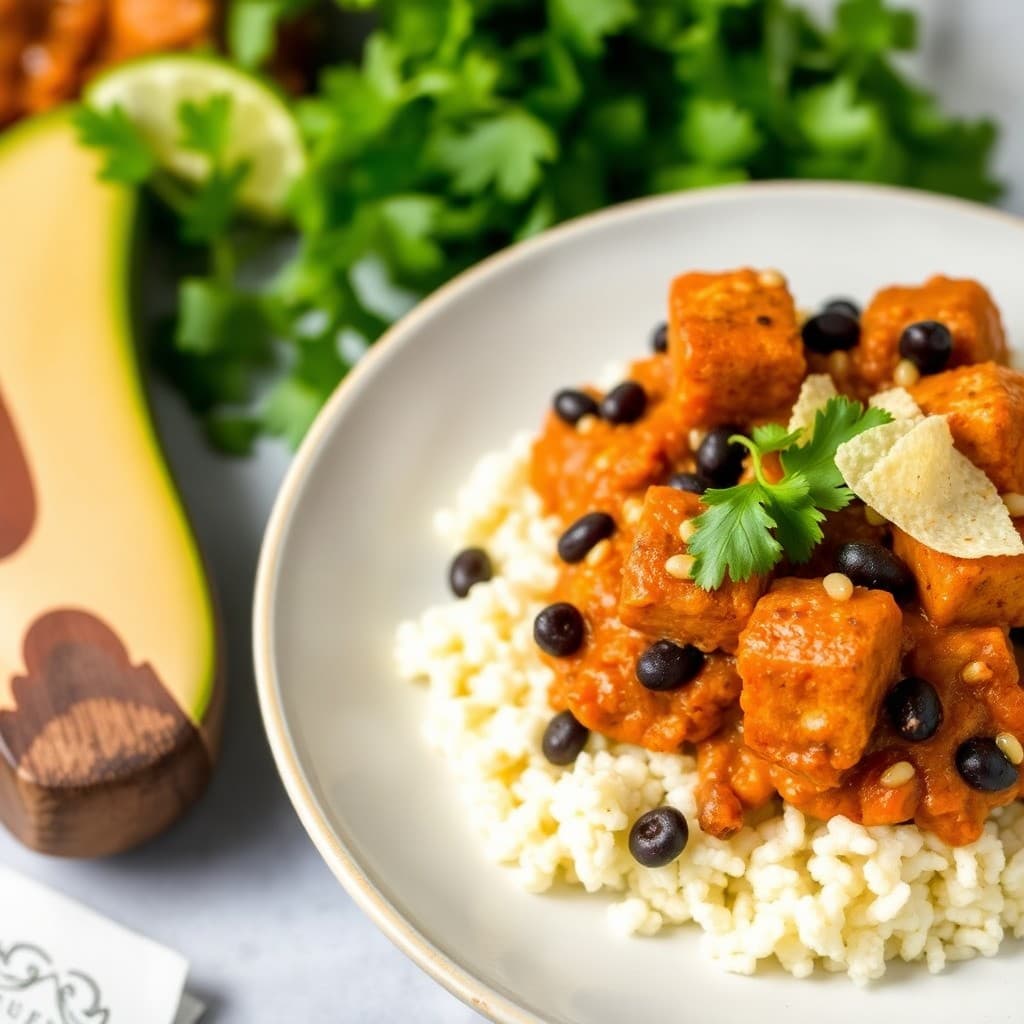Crispy Tofu & Black Bean Enchilada Skillet with Cilantro-Lime Cauliflower Rice