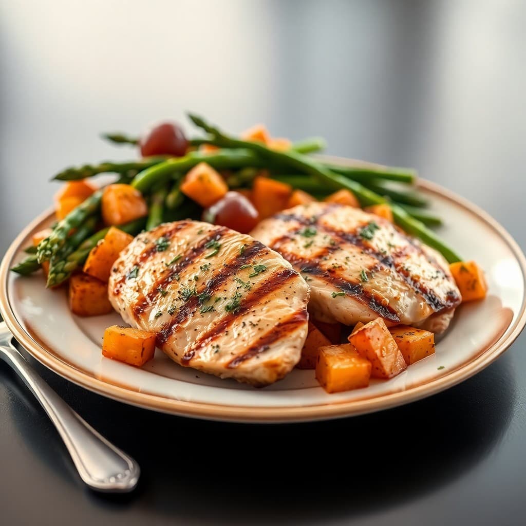 Garlic Herb Grilled Chicken with Roasted Sweet Potato and Asparagus Salad