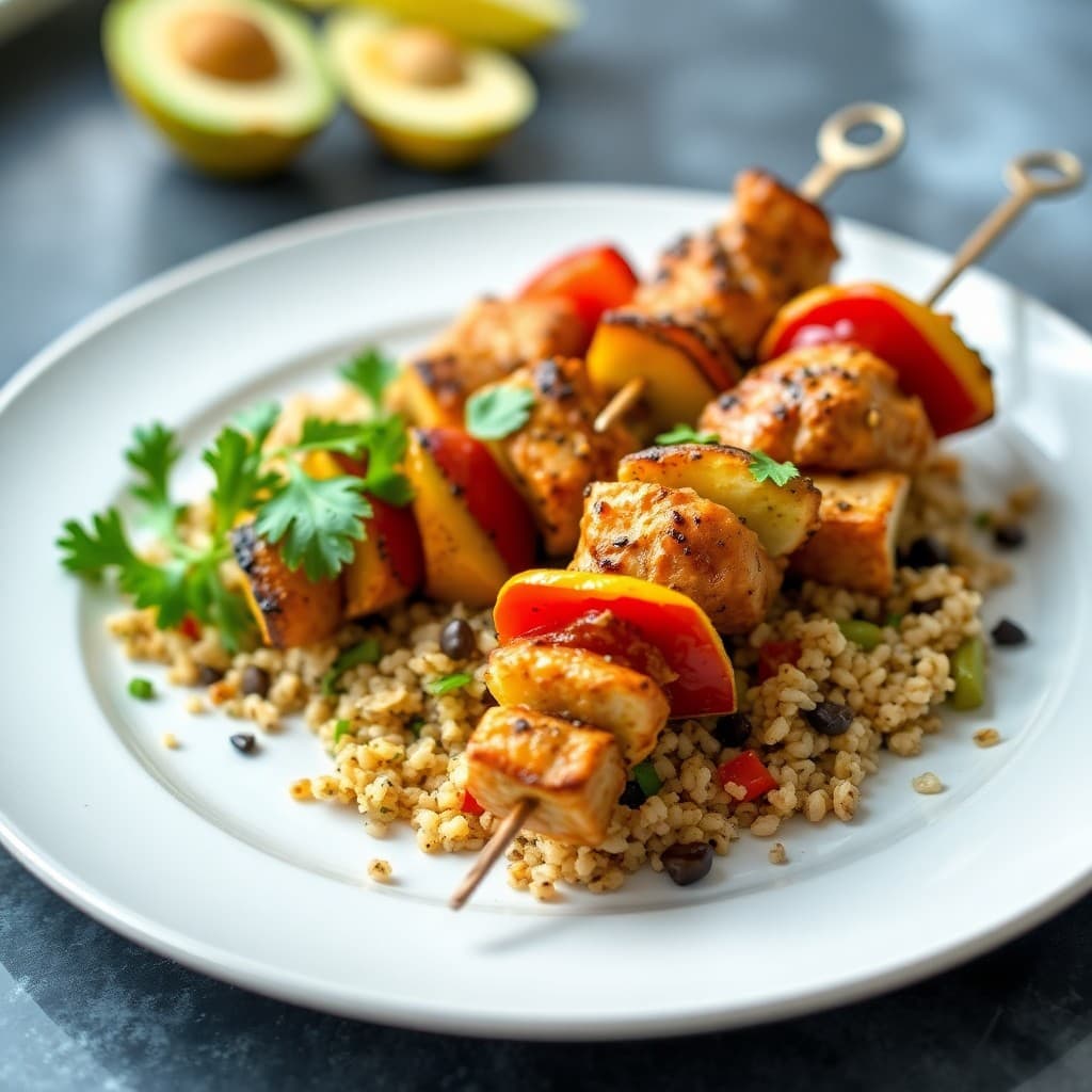 Zesty Chicken Fajita Skewers with Roasted Veggie Quinoa