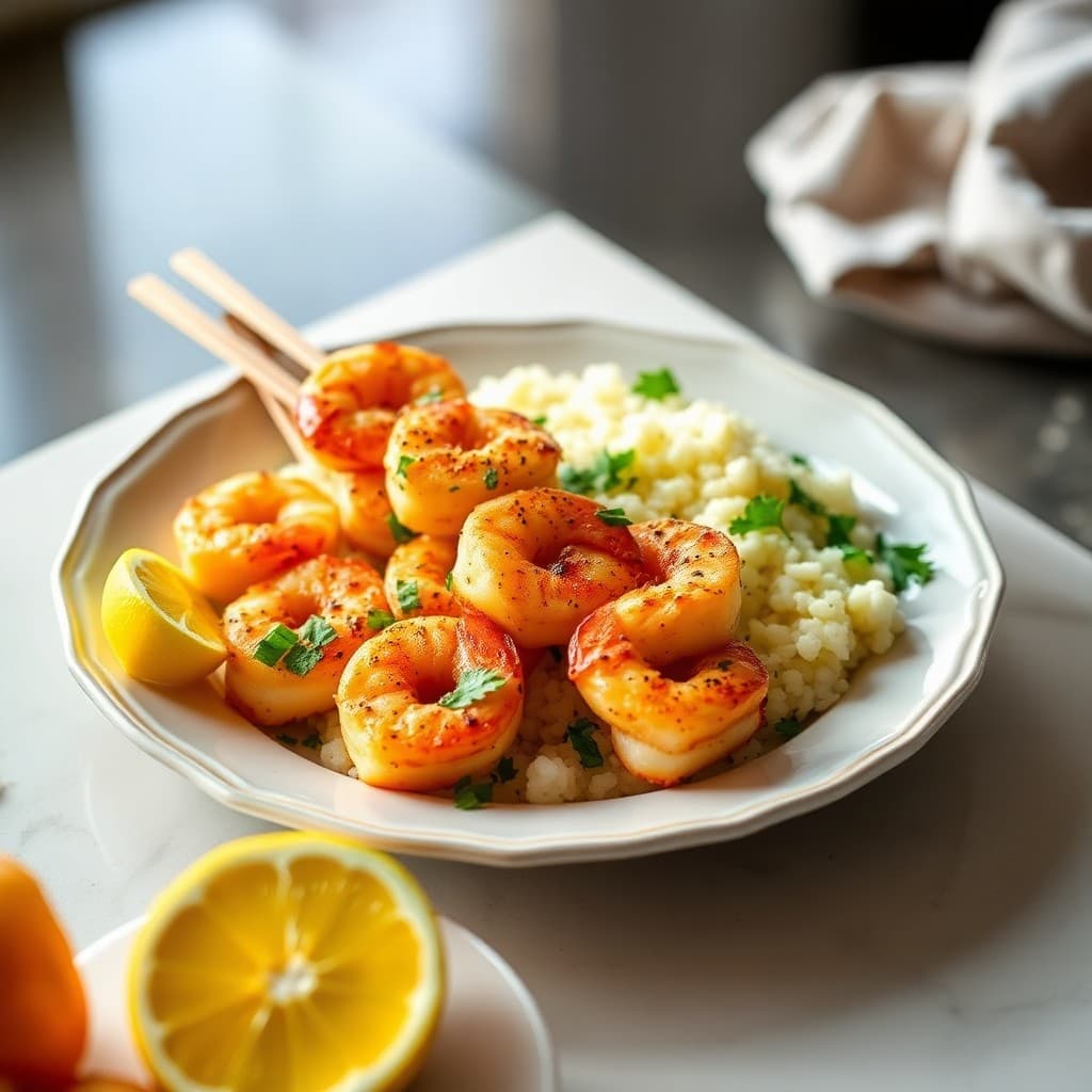 Zesty Lemon Pepper Shrimp Skewers with Garlic Cauliflower Rice