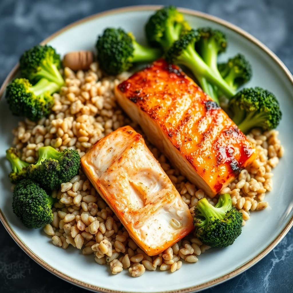 Seared Ginger-Garlic Salmon with Roasted Broccoli and Farro