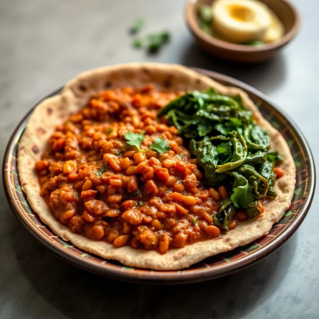 Ethiopian Misir Wat with Injera & Sautéed Gomen