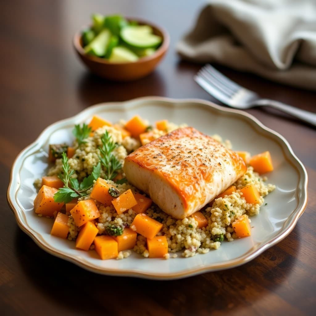 Garlic Herb Salmon with Roasted Butternut Squash and Quinoa Salad