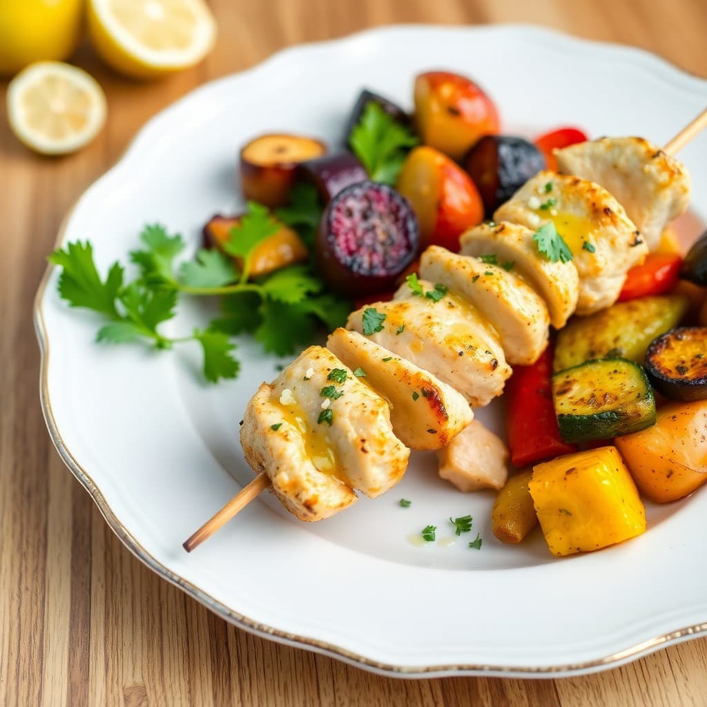 Lemon Garlic Chicken Skewers with Roasted Vegetables