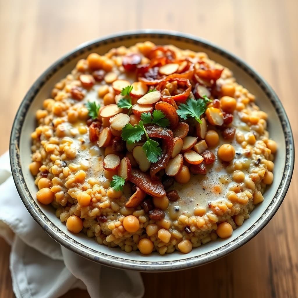 Moroccan-Spiced Chickpea & Farro Breakfast Porridge with Caramelized Onions