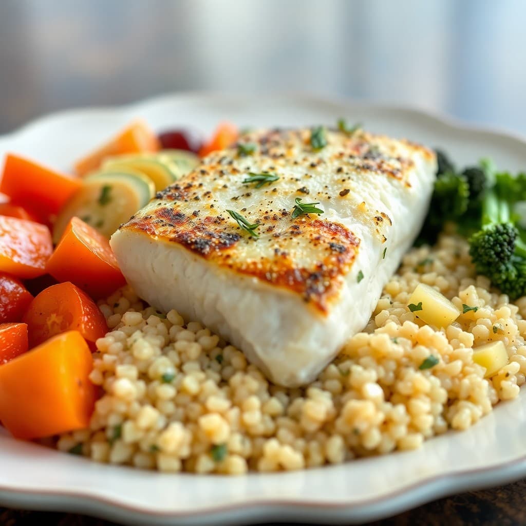 Mediterranean Baked Cod with Roasted Vegetables and Quinoa