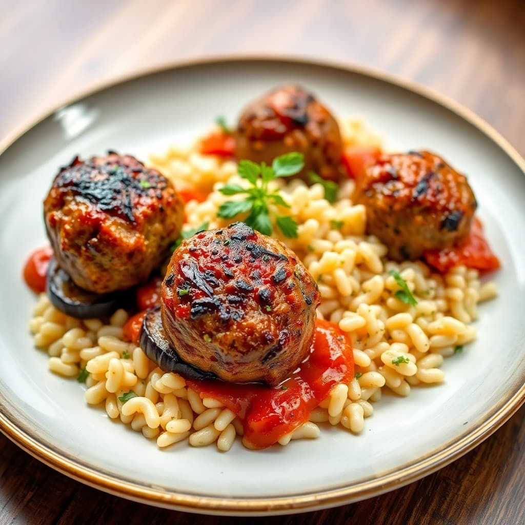Cypriot Pan-Seared Lamb Meatballs with Roasted Eggplant & Orzo