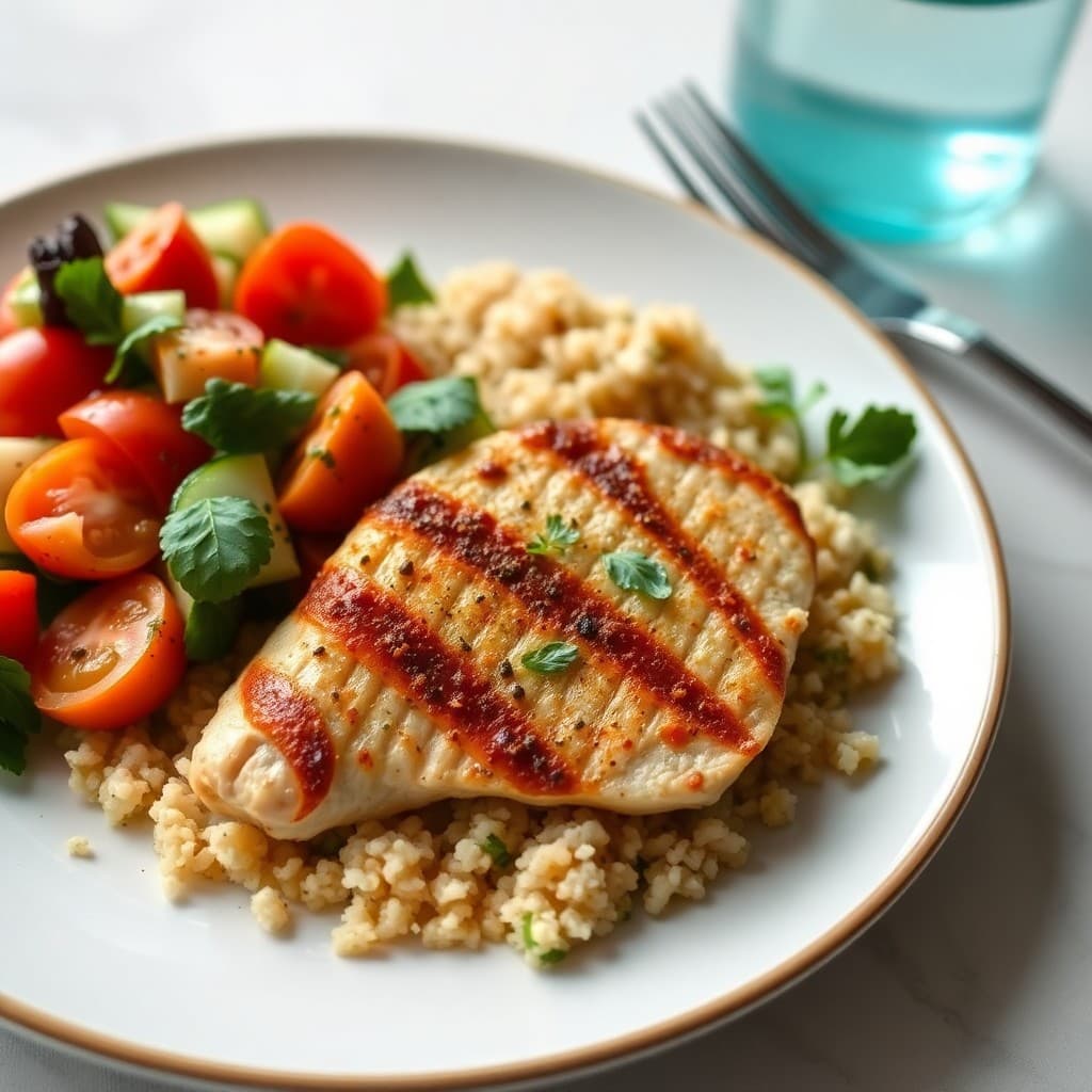 Mediterranean Chicken Paillard with Tomato-Cucumber Salad and Herbed Bulgur