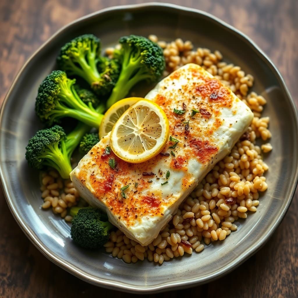 Zesty Baked Cod with Roasted Broccoli and Farro