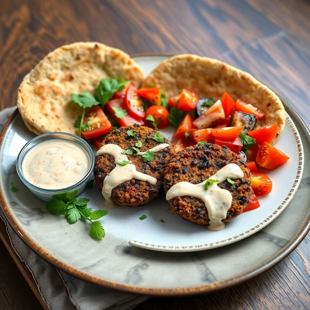 Turkish Smoky Eggplant & Lentil Köfte with Tahini Drizzle & Charred Tomato Salad