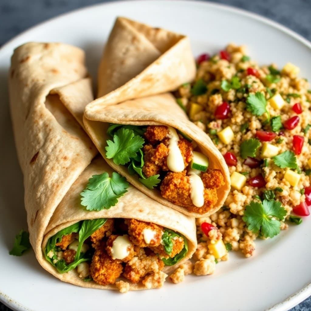 Crispy Seitan Shawarma Wraps with Tahini-Lemon Drizzle & Roasted Cauliflower Bulgur Salad
