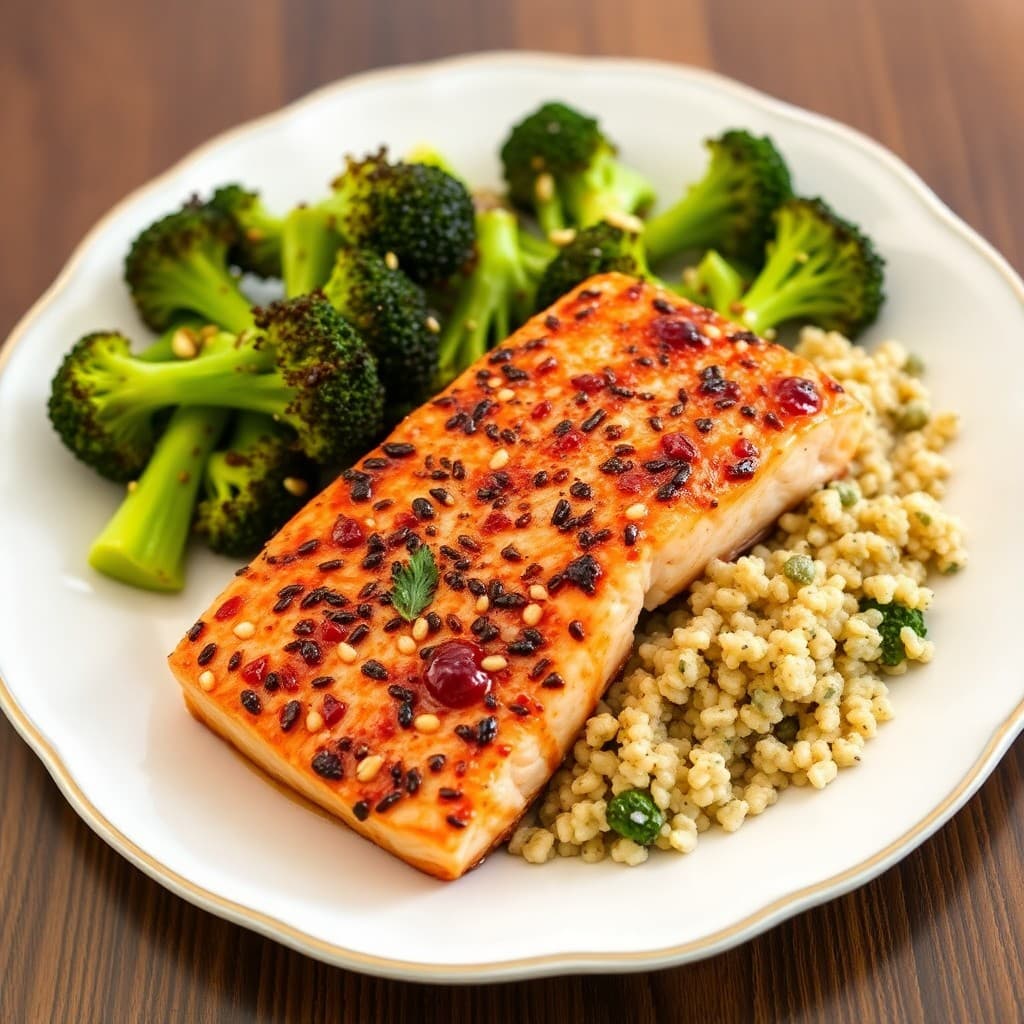 Grilled Sesame Salmon with Garlic Roasted Broccoli and Quinoa Salad