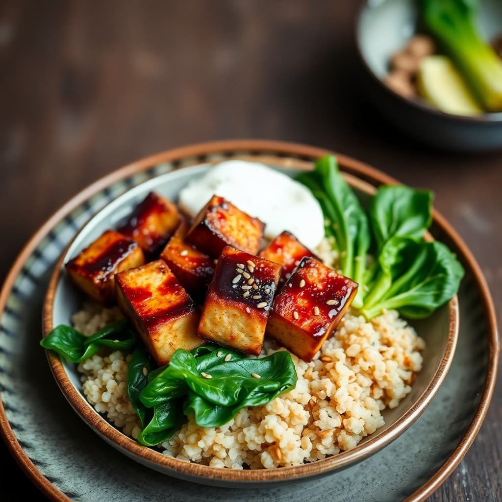 Japanese Miso-Glazed Tofu & Quinoa Breakfast Bowl with Sautéed Bok Choy