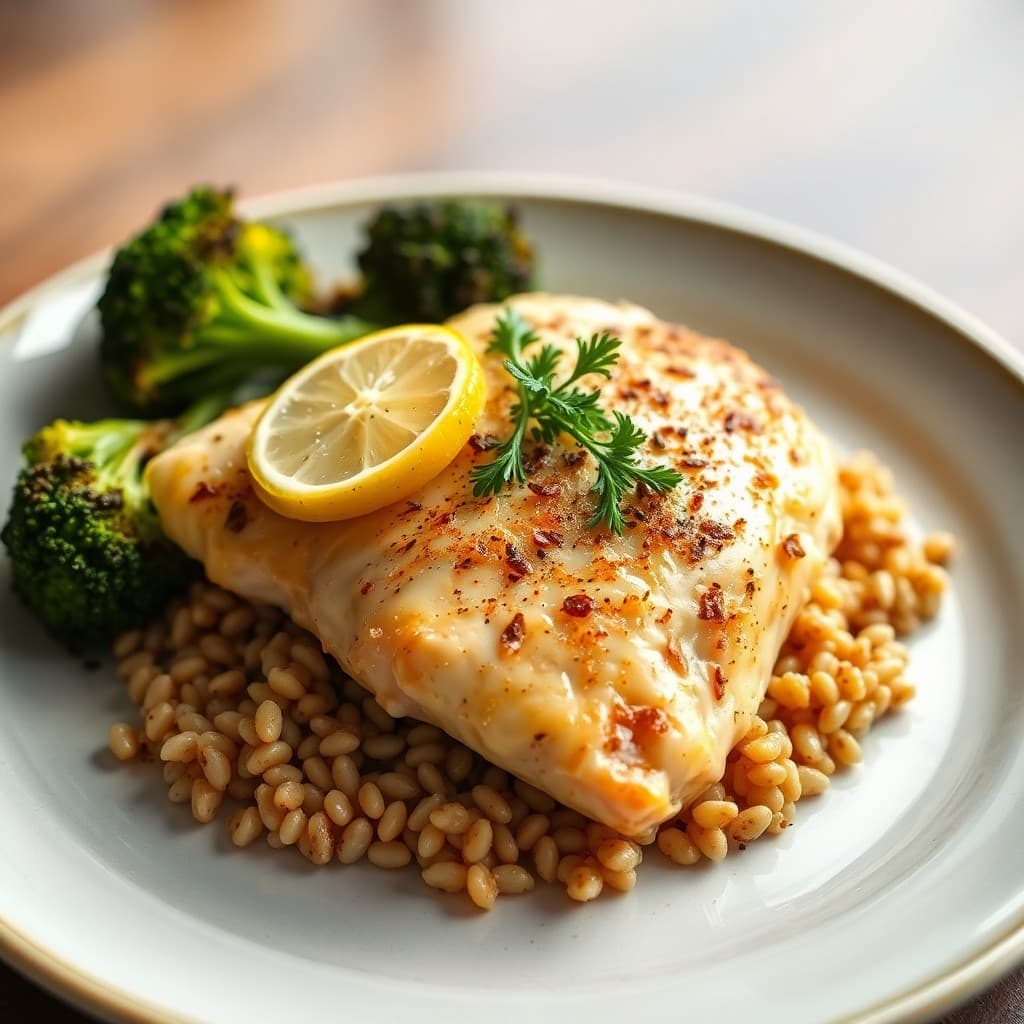 Zesty Baked Lemon Chicken with Roasted Broccoli and Farro
